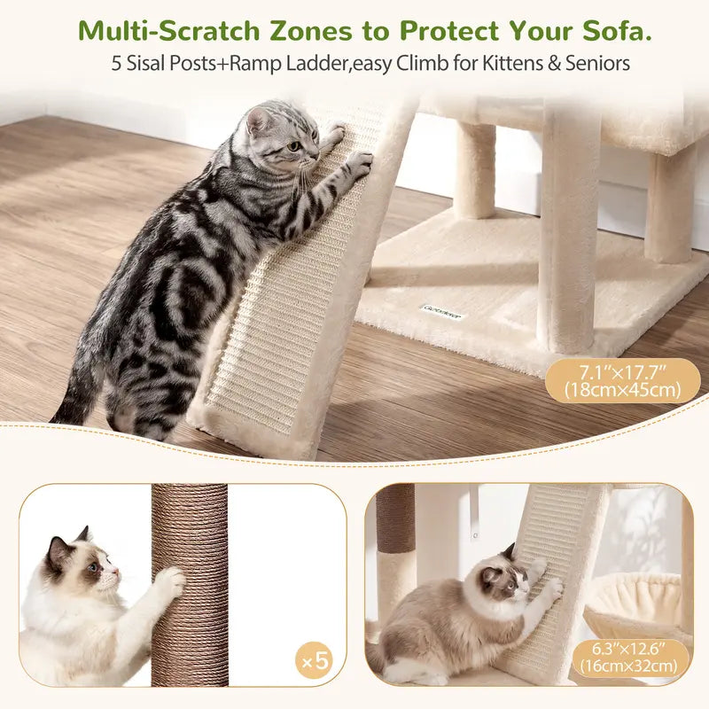 DESKAT 75-Inch Tall Cat Tower - Large Indoor Cat Furniture with Sisal Scratching Posts, Vertical Scratcher, 2 Condos, 2 Hammocks, 3 Perches, Play Space for Multiple Felines