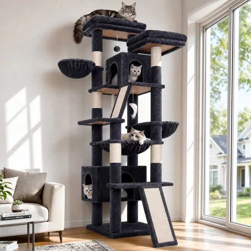 DESKAT 75-Inch Tall Cat Tower - Large Indoor Cat Furniture with Sisal Scratching Posts, Vertical Scratcher, 2 Condos, 2 Hammocks, 3 Perches, Play Space for Multiple Felines