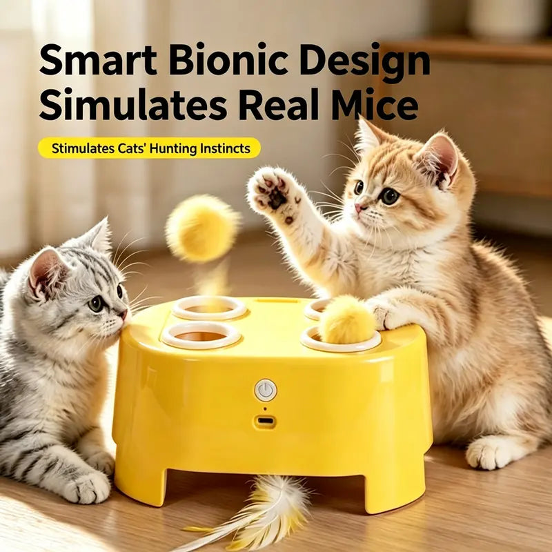 3-In-1 Rechargeable Smart Interactive Cat Toy - Whack-A-Mole & Feather Teaser for Bored Indoor Cats