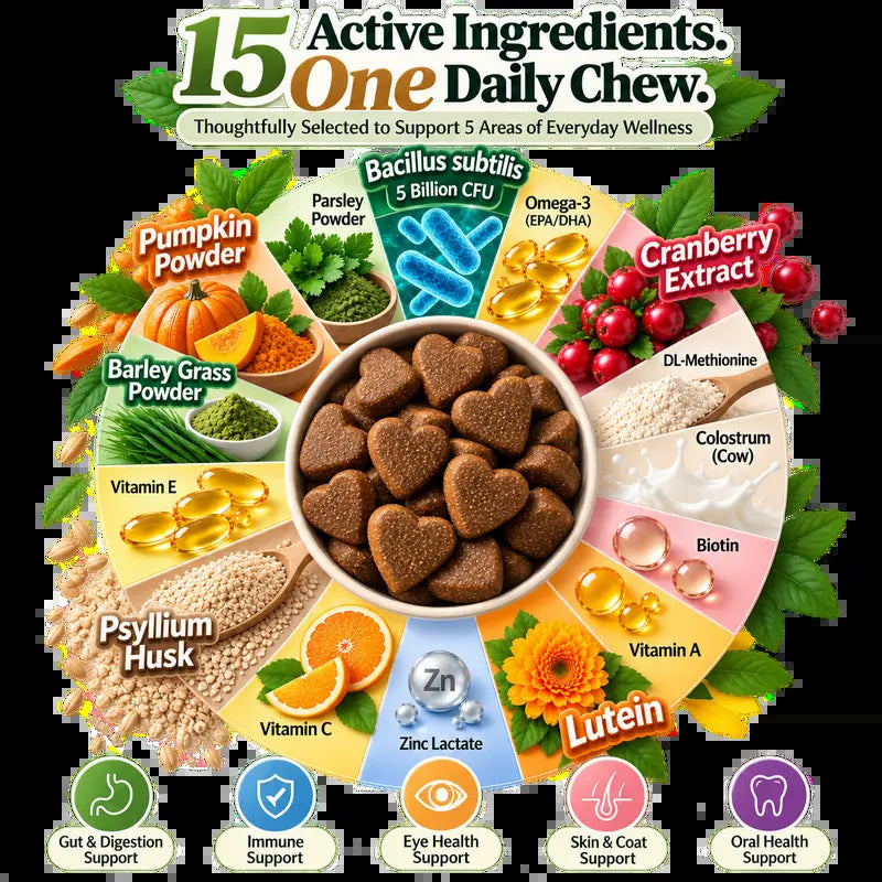 BAYCOME 5-In-1 Canine Nutritional Supplement Soft Chews, 120-Count Daily Canine Wellness Treats with Probiotics, Cranberry, Digestive Remedy for Dogs 12 Weeks and Older (Gut, Skin & Coat, Immune, Eye & Oral Health)
