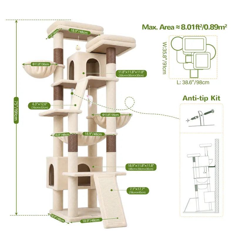 DESKAT 75-Inch Tall Cat Tower - Large Indoor Cat Furniture with Sisal Scratching Posts, Vertical Scratcher, 2 Condos, 2 Hammocks, 3 Perches, Play Space for Multiple Felines