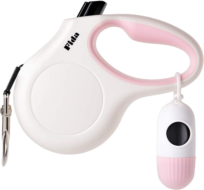 Retractable Leash with Poop Bag Dispenser, 10 ft, White