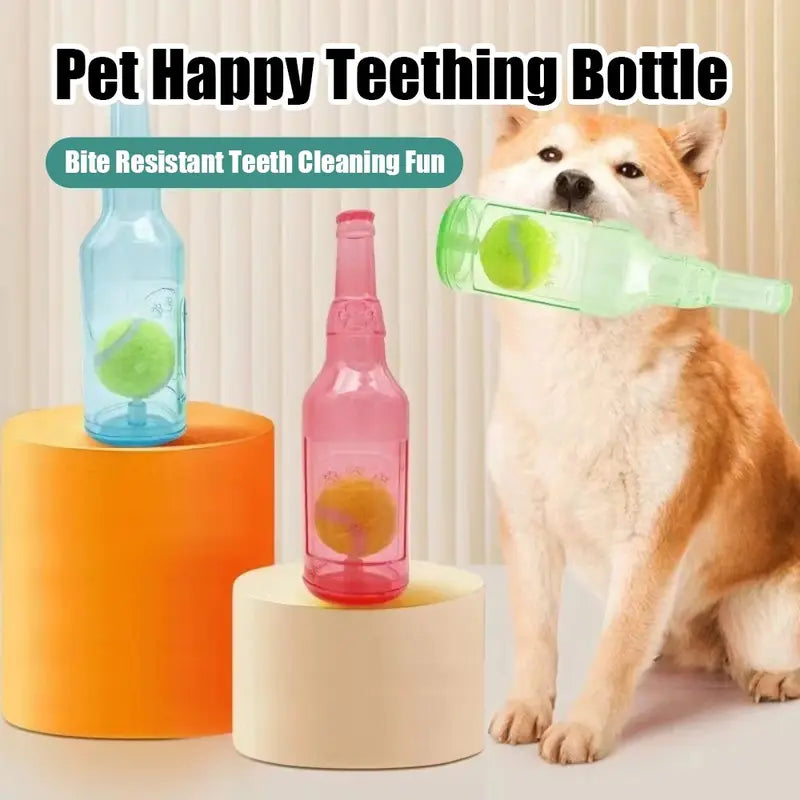 1Pc TPR Plastic Bottle-Shaped Playful Dog Chew Toy with Tennis Ball, Interactive Fetch-Tug Toy for Small/Medium Dogs, Durable for Teeth Relief, Indoor-Outdoor Use