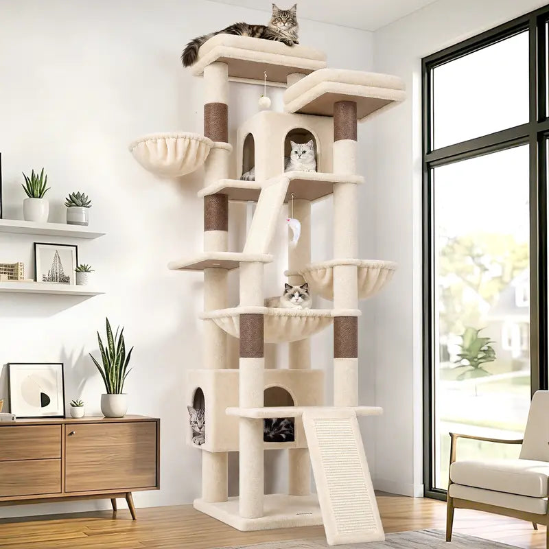 DESKAT 75-Inch Tall Cat Tower - Large Indoor Cat Furniture with Sisal Scratching Posts, Vertical Scratcher, 2 Condos, 2 Hammocks, 3 Perches, Play Space for Multiple Felines