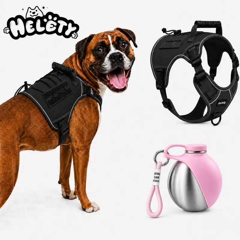 HELETY 2-Piece Tactical Dog Set Pack - No-Pull Reflective Adjustable Vest with Top Handle for Safe Walks, Portable Hydration Water Bottle, Plush Corduroy Safety Collar, Retractable Leash, Christmas Pet Bow Tie for Medium/Large Dogs