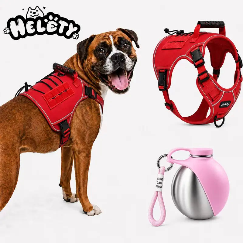 HELETY 2-Piece Tactical Dog Set Pack - No-Pull Reflective Adjustable Vest with Top Handle for Safe Walks, Portable Hydration Water Bottle, Plush Corduroy Safety Collar, Retractable Leash, Christmas Pet Bow Tie for Medium/Large Dogs