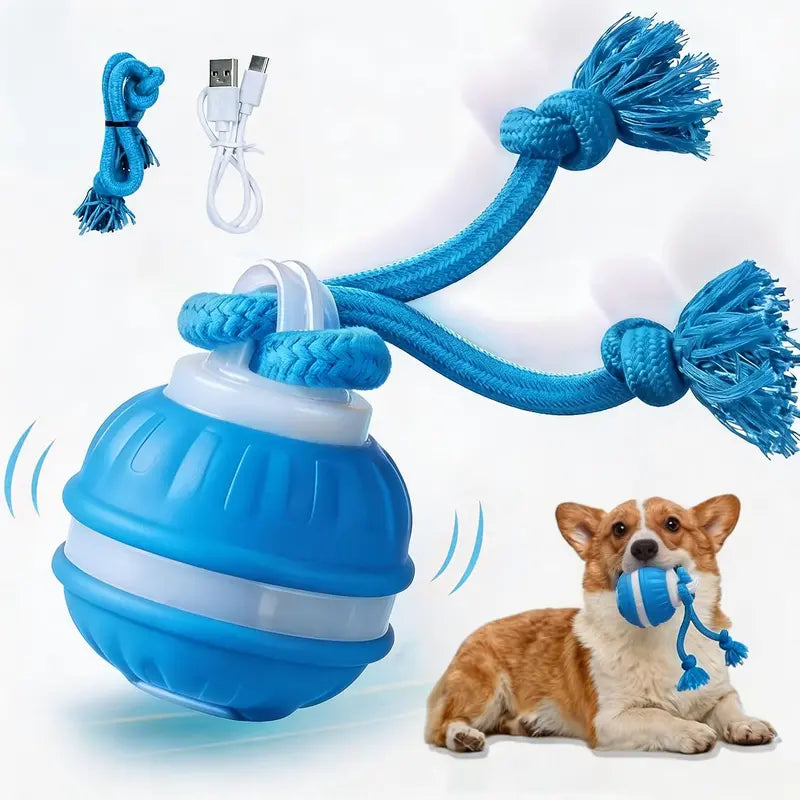 P06 Chew-Resistant Interactive Dog Ball Set, Electric Auto-Moving Rolling Toy with Rope for Small/Medium Dogs, Reduces Boredom, Aids Training, Includes Squeaky Spinning Toy
