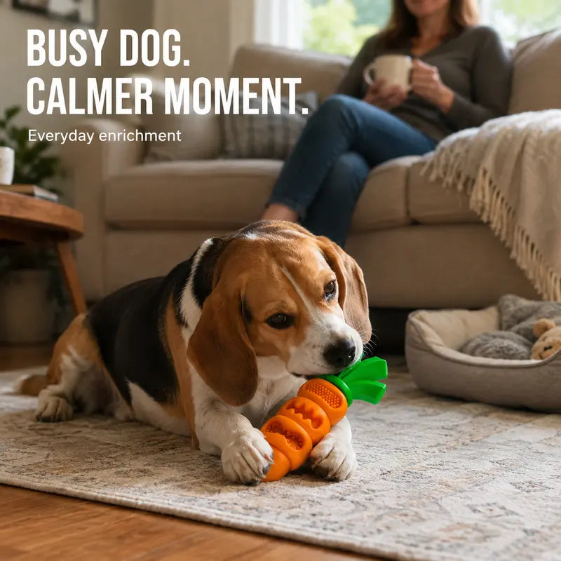 Upgraded Rubber Carrot Dog Toy - Textured Treat-Dispensing Chew Puzzle for Mental Stimulation & Chew Fun, 7.1 In, Small-Medium Bored Dogs