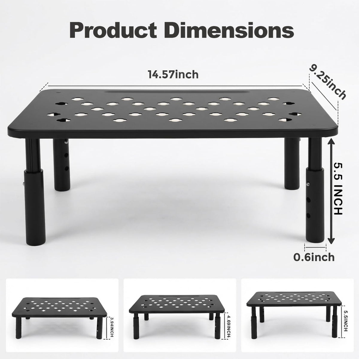 Raised Automatic Cat Feeder Stand for Double Bowl Feeders, Carbon Steel 14.57 X 9.25 In, 3 Adjustable Heights 3.94-5.5 In, Non-Slip, Fits Feeders & Water Dispensers, No-Drill (Black)