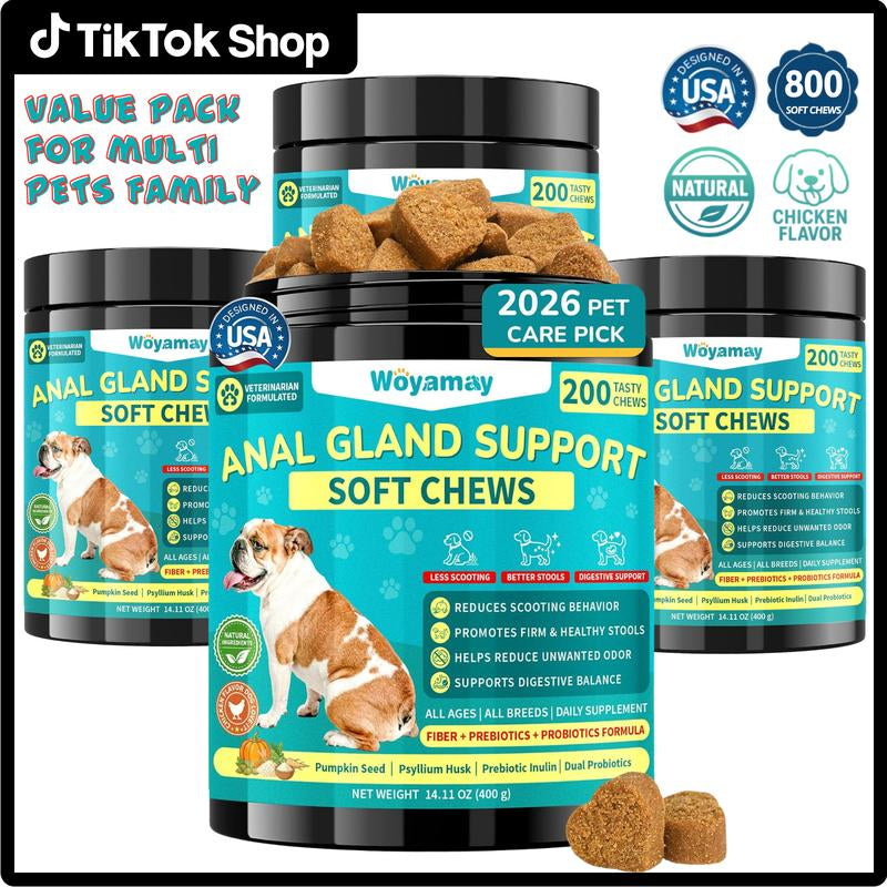 Anal Gland Chews for Dogs, 200Ct with Pumpkin Probiotics & Digestive Enzymes, No Scoot Advance Anal Gland Dog Treats, Reduce Scooting Fishy Odor and Stool, Chicken Flavor