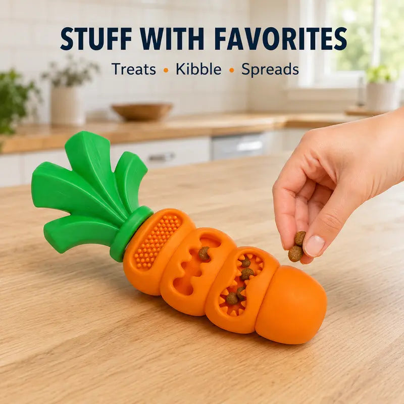 Upgraded Rubber Carrot Dog Toy - Textured Treat-Dispensing Chew Puzzle for Mental Stimulation & Chew Fun, 7.1 In, Small-Medium Bored Dogs