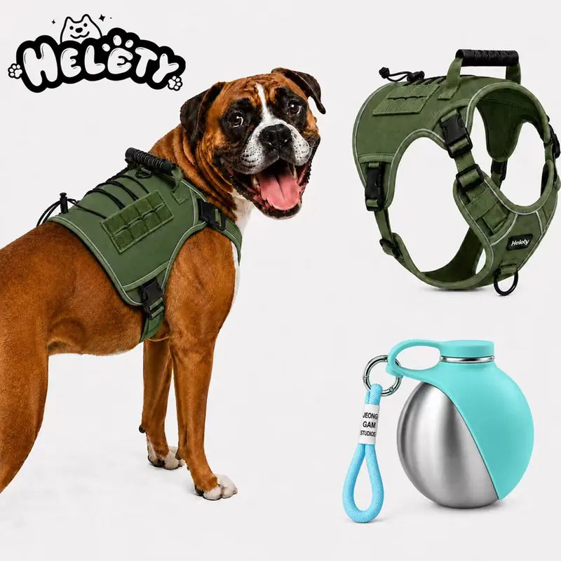 HELETY 2-Piece Tactical Dog Set Pack - No-Pull Reflective Adjustable Vest with Top Handle for Safe Walks, Portable Hydration Water Bottle, Plush Corduroy Safety Collar, Retractable Leash, Christmas Pet Bow Tie for Medium/Large Dogs