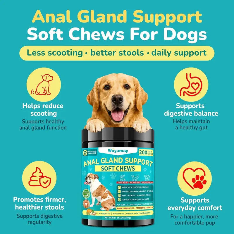 Anal Gland Chews for Dogs, 200Ct with Pumpkin Probiotics & Digestive Enzymes, No Scoot Advance Anal Gland Dog Treats, Reduce Scooting Fishy Odor and Stool, Chicken Flavor