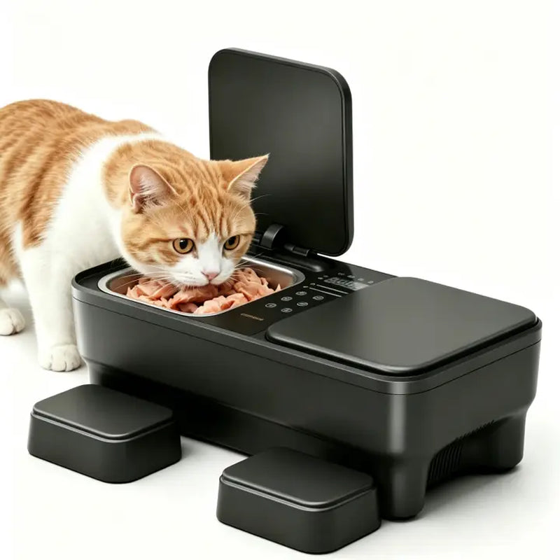 Meowant Automatic Wet Food Cat Feeder with Stainless Steel Bowls, Semiconductor Cooling & Pre-Heating, 360° Even Temperature, Dual-Bowl Independent Control, Timer Control & Voice Call Functionality, for 1-2 Cats, Steel Bowl