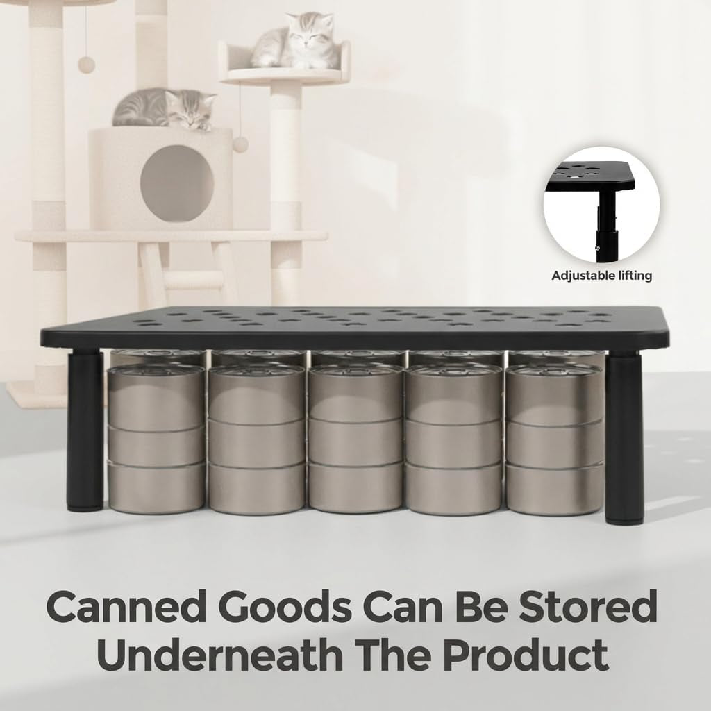Raised Automatic Cat Feeder Stand for Double Bowl Feeders, Carbon Steel 14.57 X 9.25 In, 3 Adjustable Heights 3.94-5.5 In, Non-Slip, Fits Feeders & Water Dispensers, No-Drill (Black)