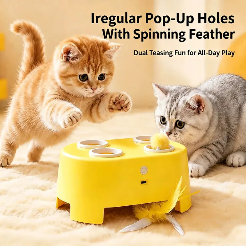 3-In-1 Rechargeable Smart Interactive Cat Toy - Whack-A-Mole & Feather Teaser for Bored Indoor Cats