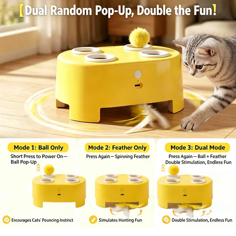 3-In-1 Rechargeable Smart Interactive Cat Toy - Whack-A-Mole & Feather Teaser for Bored Indoor Cats