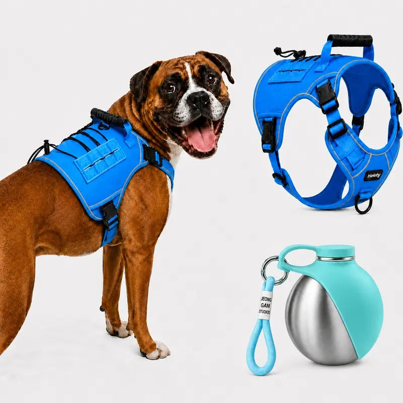 HELETY 2-Piece Tactical Dog Set Pack - No-Pull Reflective Adjustable Vest with Top Handle for Safe Walks, Portable Hydration Water Bottle, Plush Corduroy Safety Collar, Retractable Leash, Christmas Pet Bow Tie for Medium/Large Dogs
