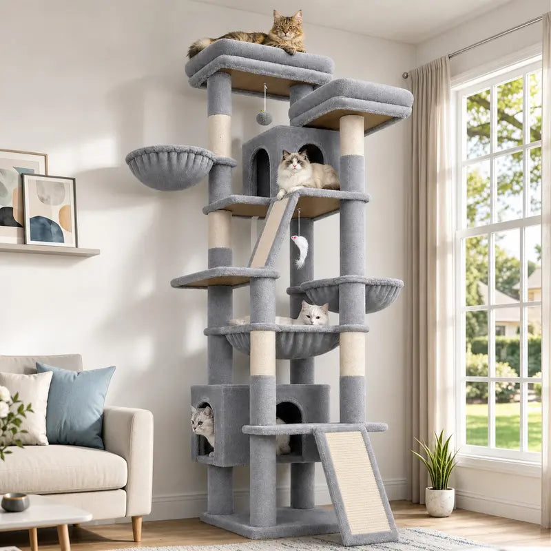 DESKAT 75-Inch Tall Cat Tower - Large Indoor Cat Furniture with Sisal Scratching Posts, Vertical Scratcher, 2 Condos, 2 Hammocks, 3 Perches, Play Space for Multiple Felines