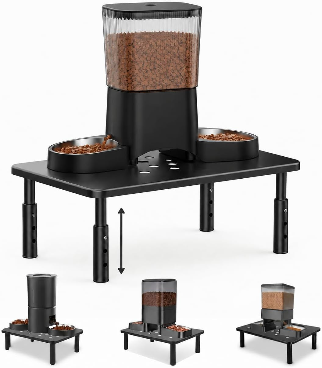 Raised Automatic Cat Feeder Stand for Double Bowl Feeders, Carbon Steel 14.57 X 9.25 In, 3 Adjustable Heights 3.94-5.5 In, Non-Slip, Fits Feeders & Water Dispensers, No-Drill (Black)