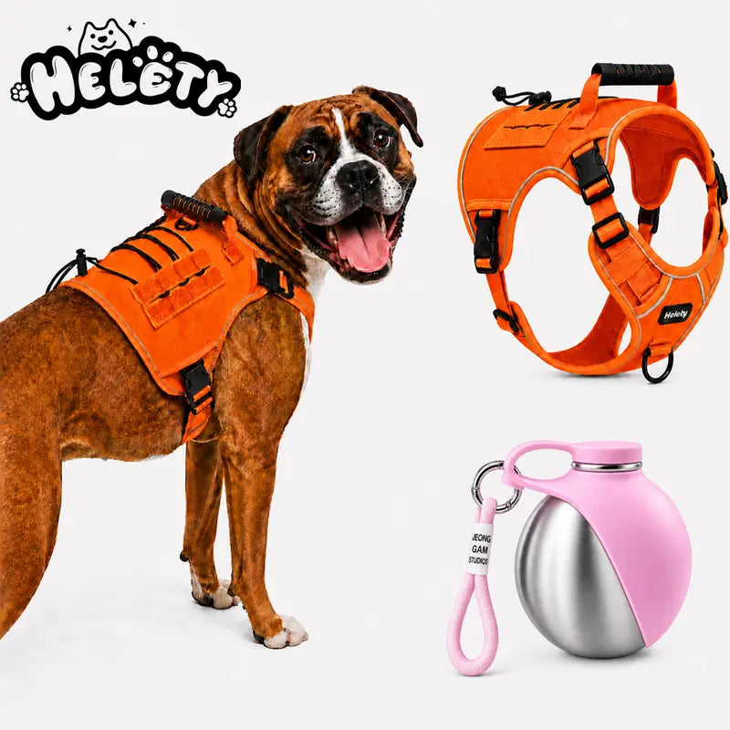 HELETY 2-Piece Tactical Dog Set Pack - No-Pull Reflective Adjustable Vest with Top Handle for Safe Walks, Portable Hydration Water Bottle, Plush Corduroy Safety Collar, Retractable Leash, Christmas Pet Bow Tie for Medium/Large Dogs